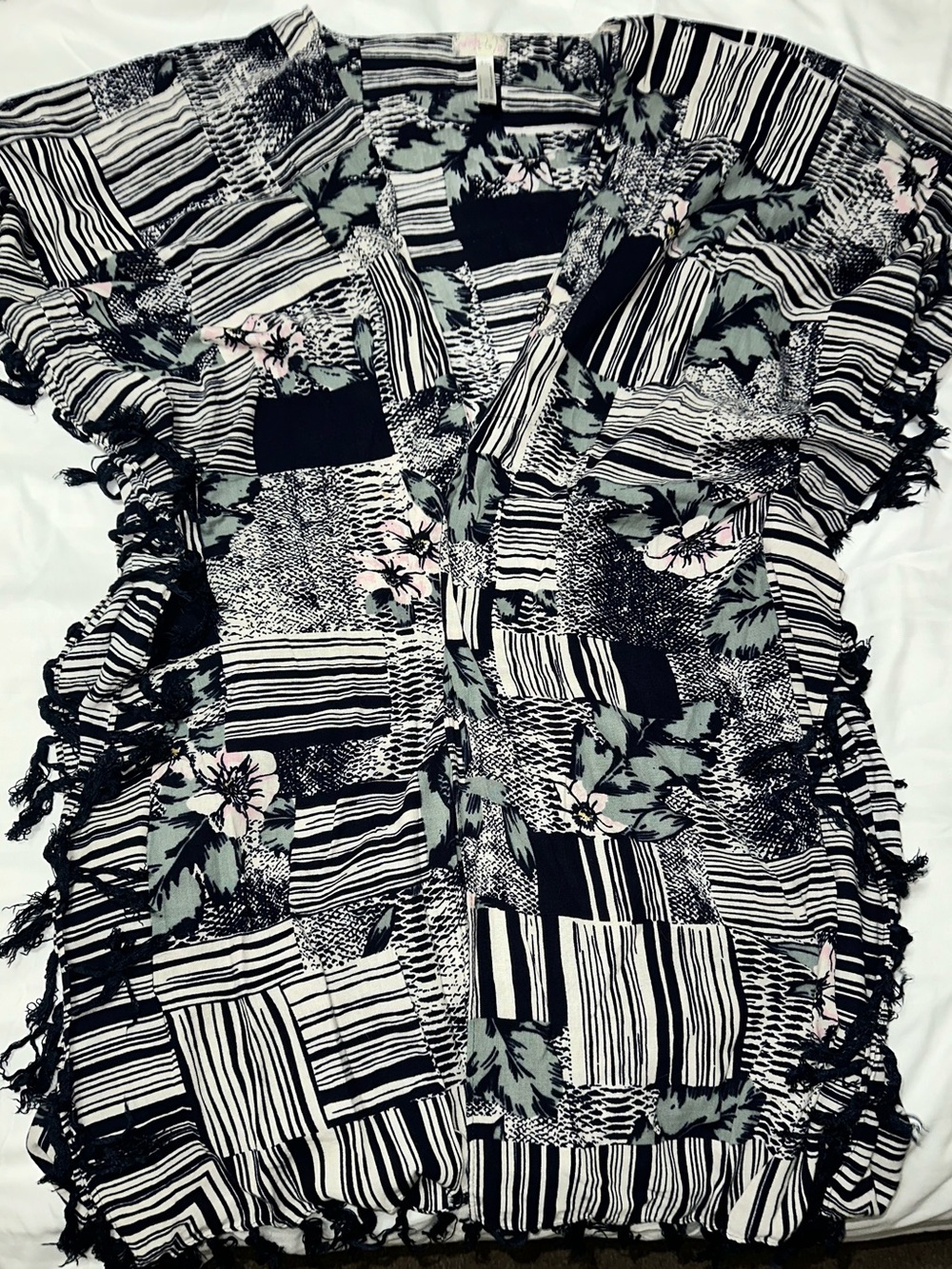 Free People Patchwork Geometric And Floral Fringe Kimono
